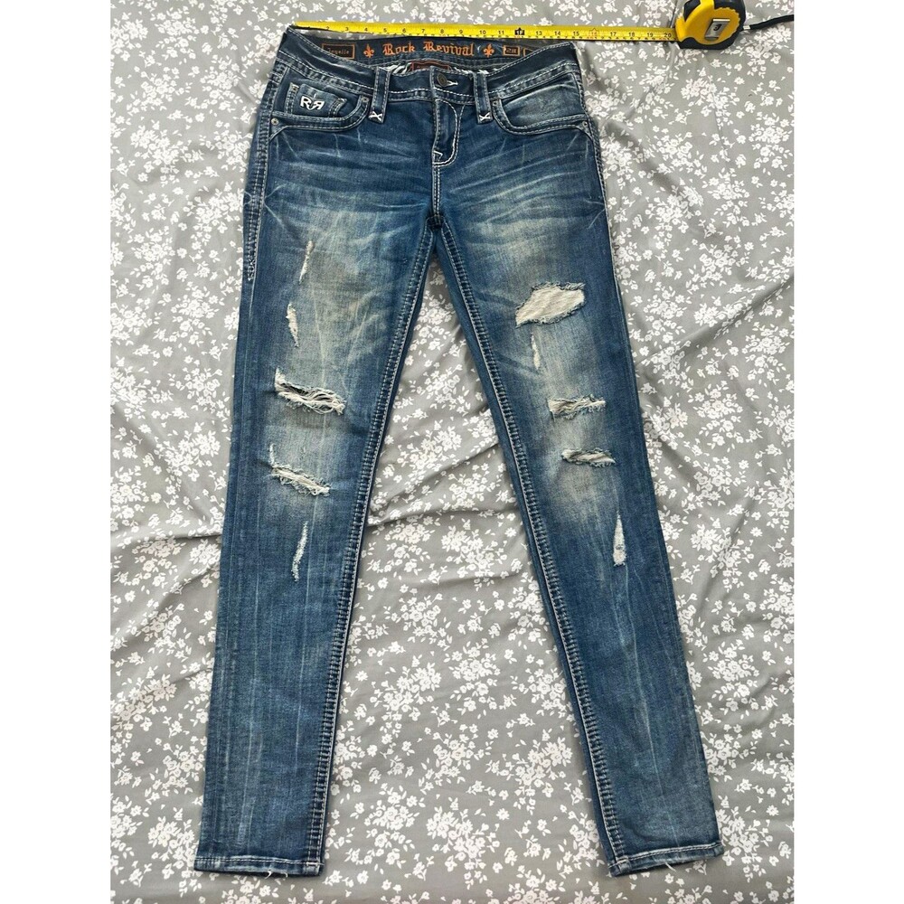 Rock Revival Joyelle Skinny Jeans Womens Size 28 Distressed Zipper Pockets Blue